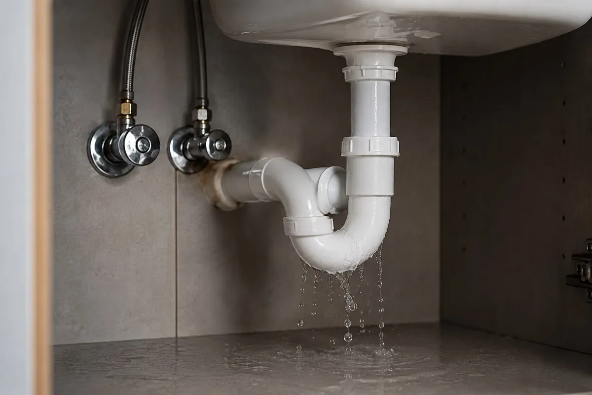 Réparation de fuite d'eau dans le Gard – TUY'EAU ET CIE Réparation de fuite d'eau sous un évier dans le Gard – TUY'EAU ET CIE